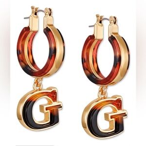 Guess Gold-Tone Tortoise-Look G Charm Hoop Earrings